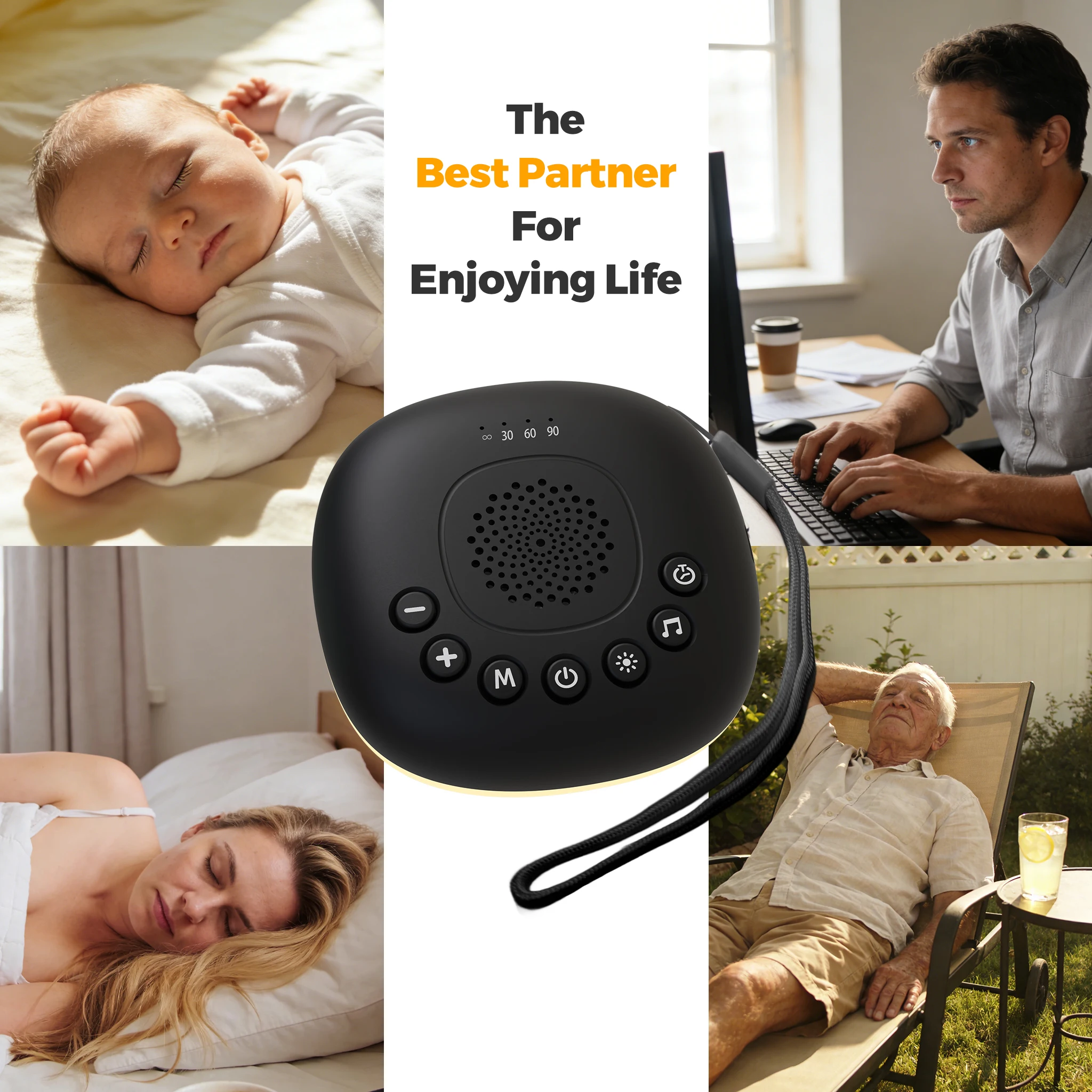 White Noise Machine with 24 Soothing Sounds, Night Light Timer, Portable Sound Machine for Baby, Adult, Travel, Studying, Office