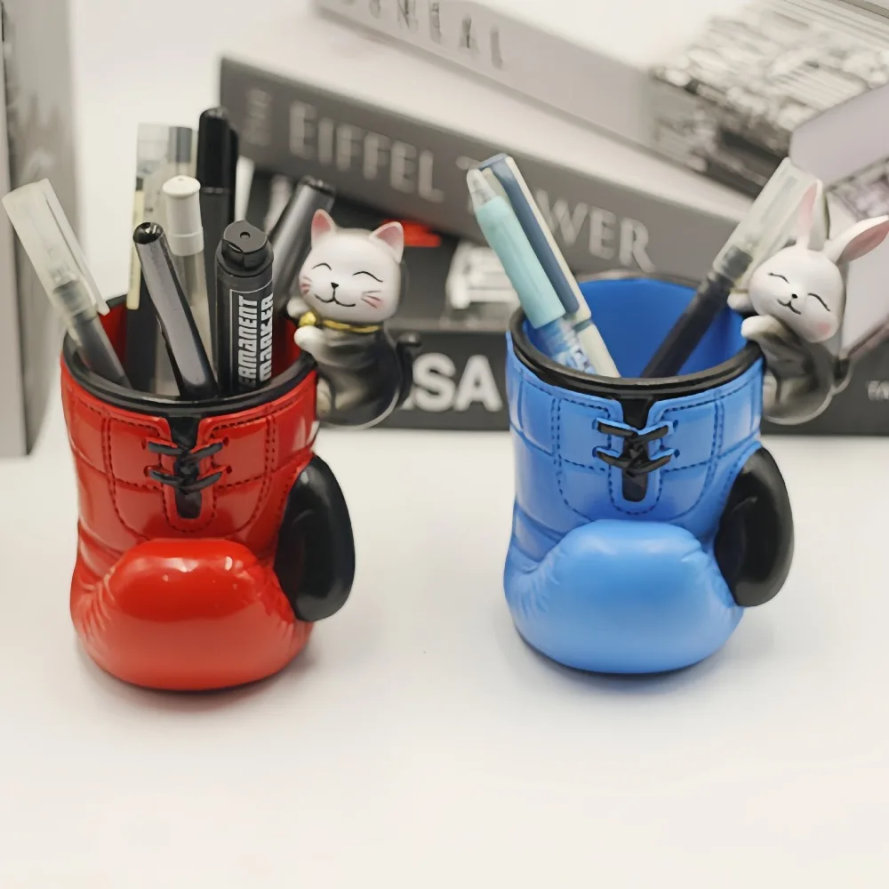 

Desktop Decoration Resin Boxing Gloves Pencil Holder Blue/Red with Cartoon Animal Pen Box Stable Base Brush Container Gift