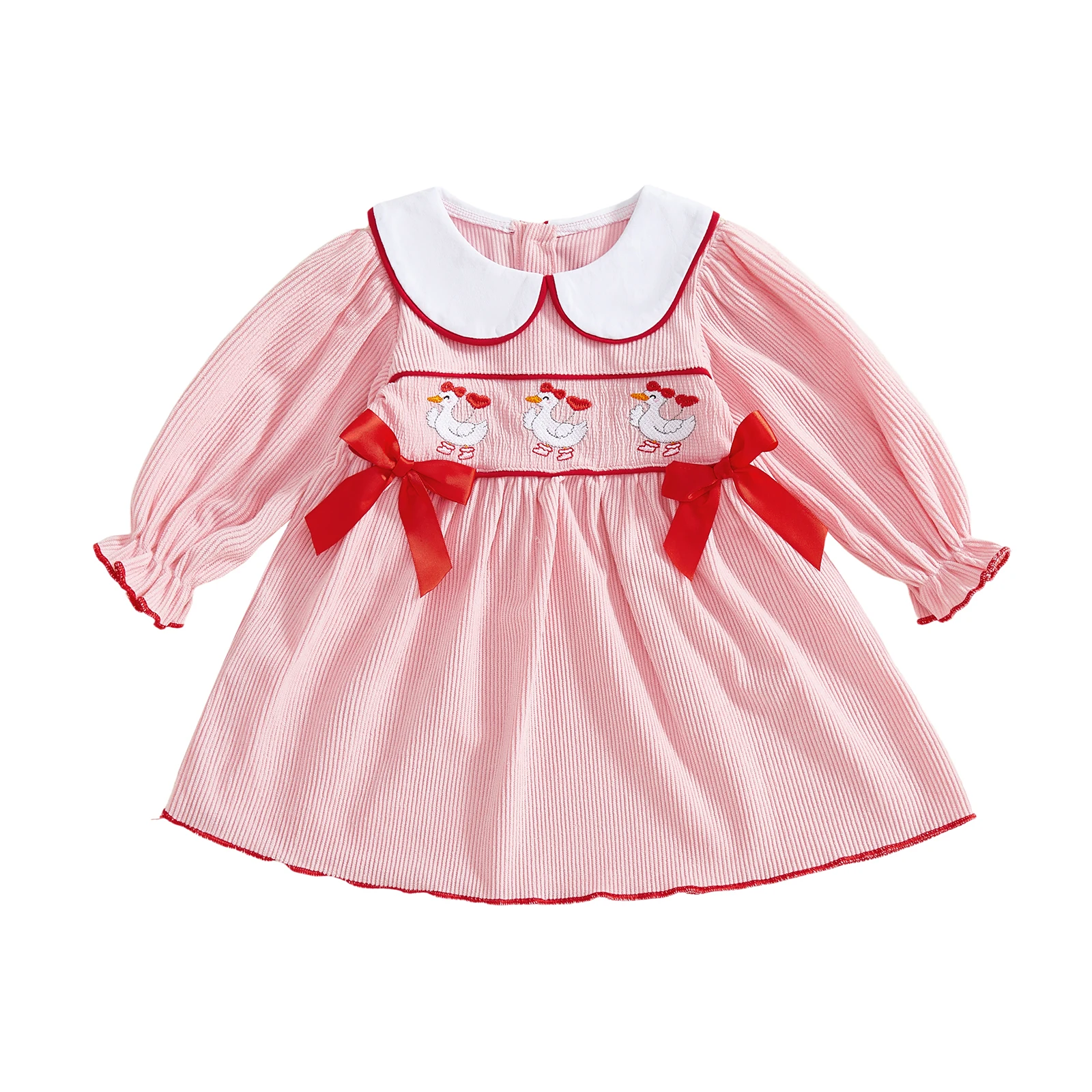 فستان بناتي لعيد الحب بأكمام منتفخة وياقة الدمية وتطريز على شكل فيونكة وتفاصيل على شكل حرف A وصورة ظلية مخططة