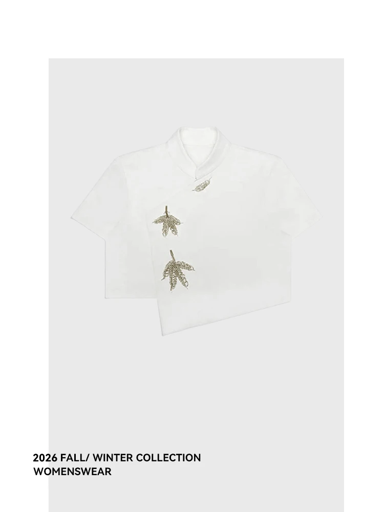 

Новая женская летняя блузка Forever 2 в китайском стиле с воротником-стойкой, вышивкой и бисером, для повседневной носки, подчеркивающая фигуру