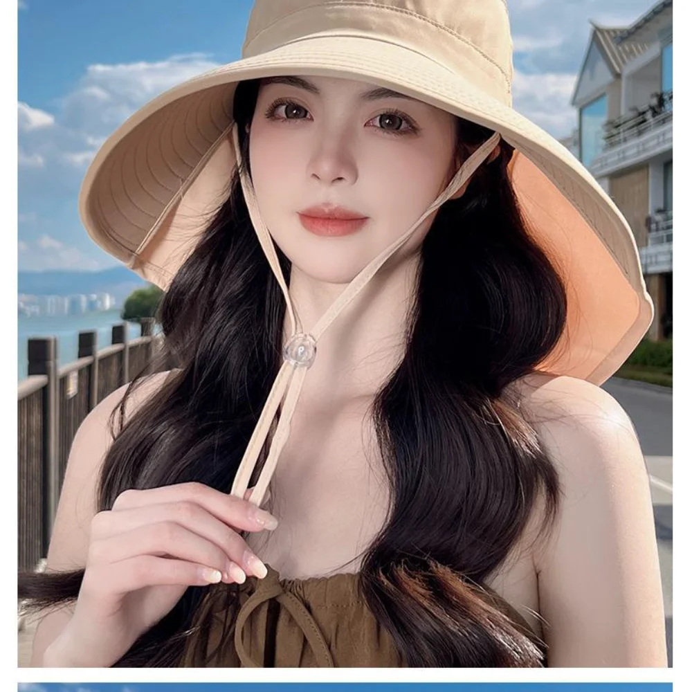 Women's Personality Outdoor Sun Hat Bucket Hat Large Eave Wide Brim Fisherman Cap Holiday Hanging Rope Sunscreen Sun Visor Hat