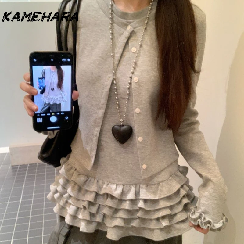 

KAMEHARA Dopamine Chic Lace Patchwork Ballet Style Fake Two-piece Women's 2025 Spring Long Sleeved Korean Sweet Blous ブラウス シフォン