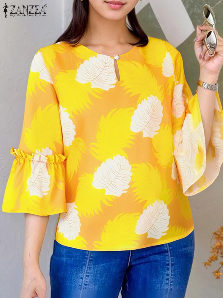 

ZANZEA Vintage Women Casual Printed Blouse Summer 3/4 Sleeve Fashion Tops 2025 Loose Ruffled Shirts Bohemian Blusas Femininas