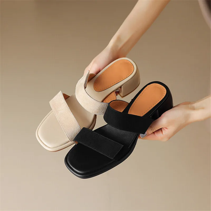 New Sheep Suede Summer Slippers Women 2023 Square Toe Chunky Heel Sandals Soft Open Toe Shoes for Women Handmade Slippers Women