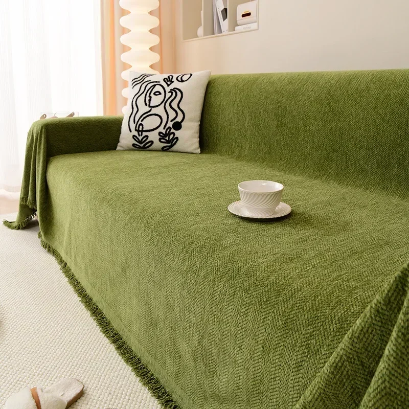 High Quality Waterproof Chenille Sofa Cover Cloth Green Striped Sofa Cushion Four Season Universal 3 Seat All Inclusive Blanket