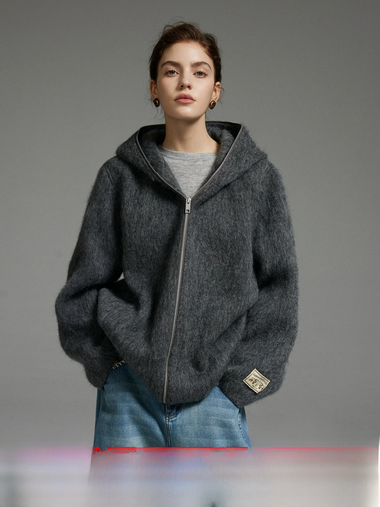 

Куртка на молнии из пушистого шерстяного смесового трикотажа цвета фуксии, свободного кроя, повседневная, универсальная, 57% полиэстер, 43% шерсть