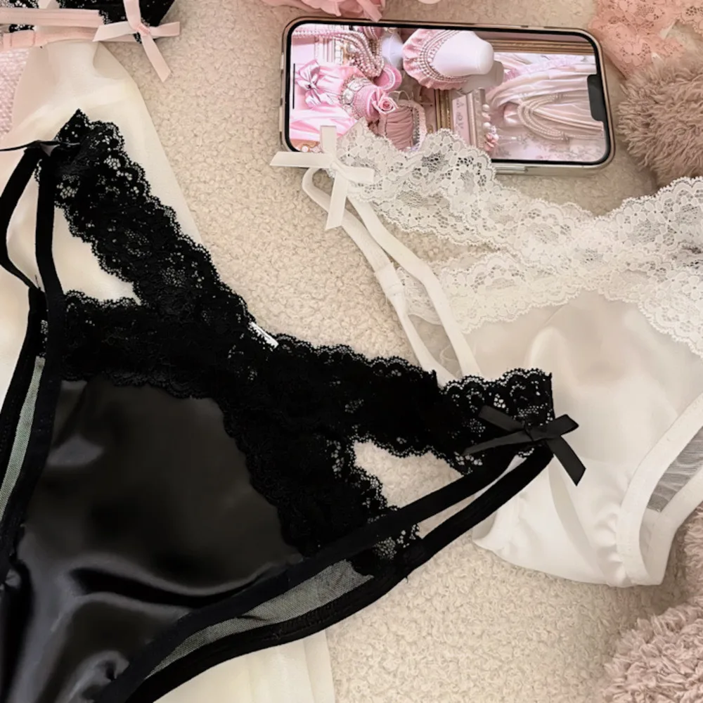 SP&CITY Cross Belt Lace Transparent Sexy Women\'s Underpants Low Waist Mesh Hollowed Bow Panties Cotton Crotch Breathable Briefs