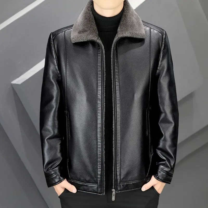 Men's Fleece-lined Leather Jacket With Thickened Fleece Jacket Business Leisure Warm Top Autumn Winter Black Brown PU Material