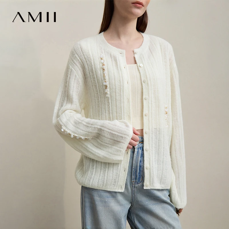 

Женский свитер Amii 2026: Новинка весенней коллекции, кардиган с круглым вырезом и спущенным плечом, базовый однобортный свободный вязаный топ 12642043