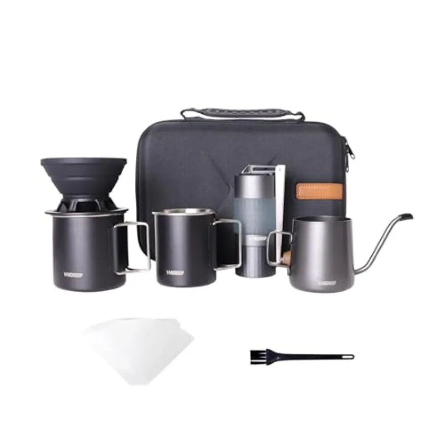 

Pour Over Coffee Maker Set ALL in 1 Portable Set- Manual Coffee Grinder with Stainless Steel Conical Burr Collapsible Silicone