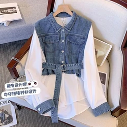 Women's Denim Shirt Spring Summer 2024 Long Sleeve Temperament Splicing Ladies Tops Fake Two Pieces Fashion Loose Lady Blouse