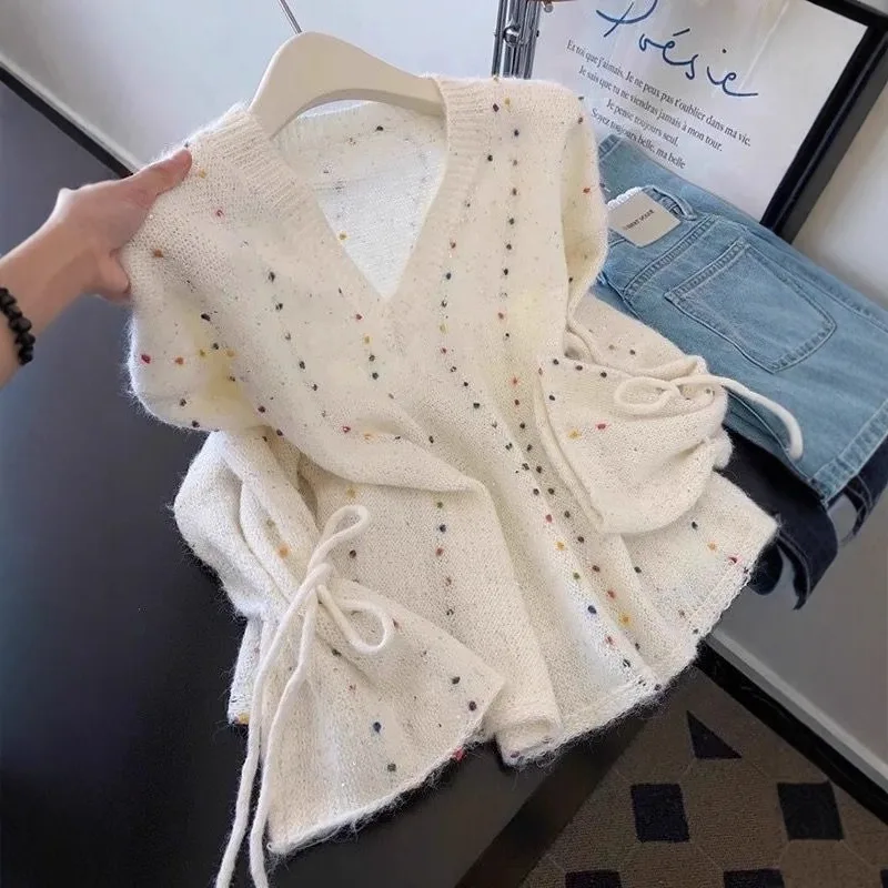 الراقية الرجعية الصناعة الثقيلة الترتر حزام البوق كم محبوك سترة شتاء جديد كسول لينة لزجة سترة برقبة على شكل v للنساء #3