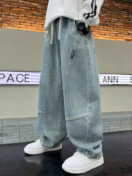 2026 Spring Casual Boys Denim Pants Elastic Waist Loose Straight Leg Jeans Blue Pocket Streetwear Style Trousers