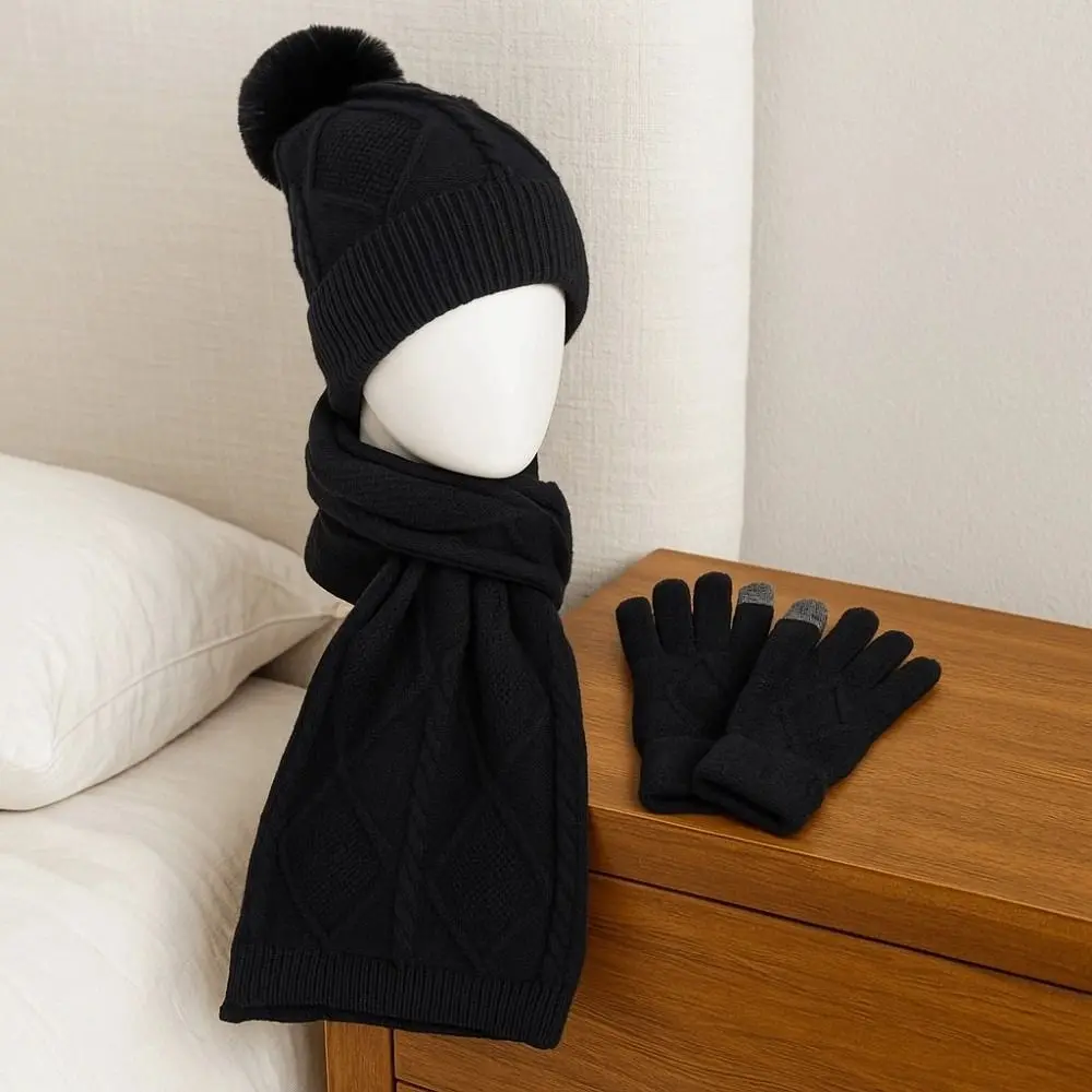 Yarmulke Elastic Scarf and Hat Set Touch Screen Warm Cold Proof Gloves Acrylic Fibers Solid Color Woolen Hat Women