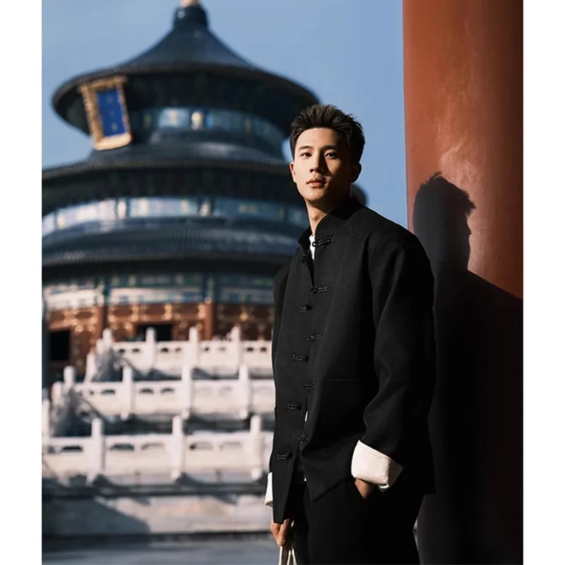 

New Chinese Sle Tang Suit Jaet Men's Spring Autumn Young Stand Collar Button down Casual Tai Chi Clothing Loose Fit Faion