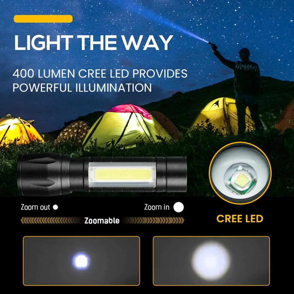 Built In Battery Q5 Portable Mini Led Flashlight Zoom Torch COB Lamp 2000 Lumens Adjustable Penlight Waterproof for Outdoor