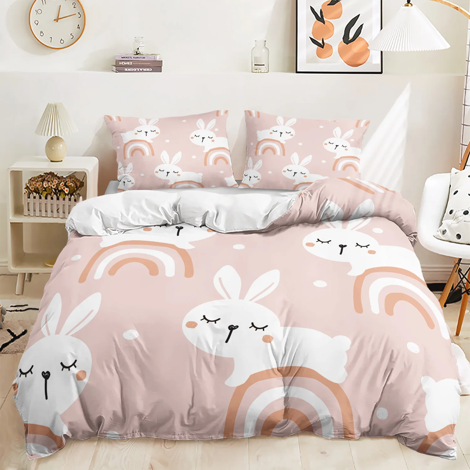 Imagem -05 - Adoráveis Coelhos Capa de Edredão Animal Engraçado Bedding Conjunto Cartoon Kids Único Duplo Queen Size Folha Plana Fronhas Decoração do Quarto