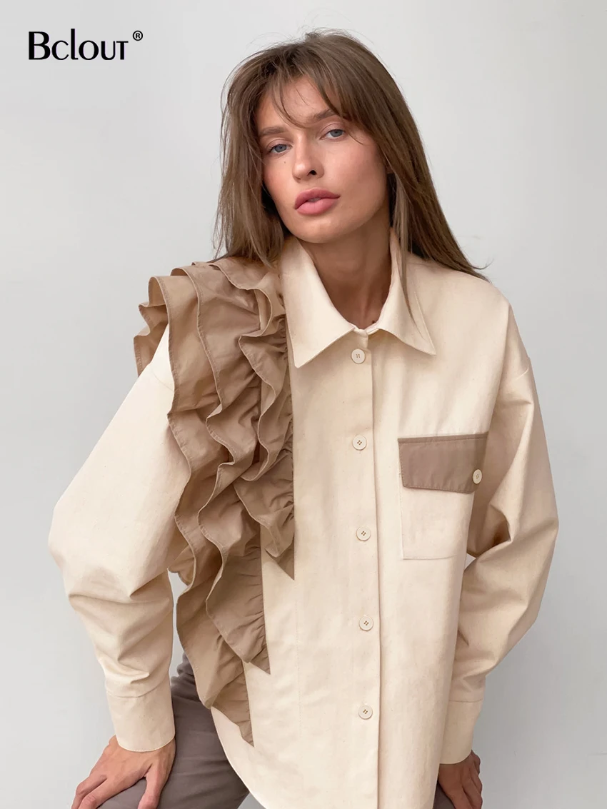 Bclout Winter Cotton Ruffle Shirts Blouses Women Fashion Beige Long Sleeve Patchwork Shirts Elegant Office Ladies Loose Blouses