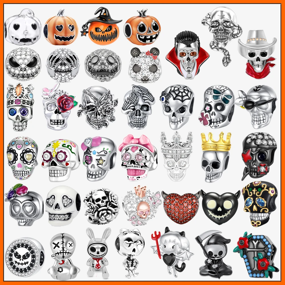 

Halloween Spooky 925 Sterling Silver Pumpkin Skull Ghost Charm Charms Fit Original Bracelet Beads Jewelry DIY Gift