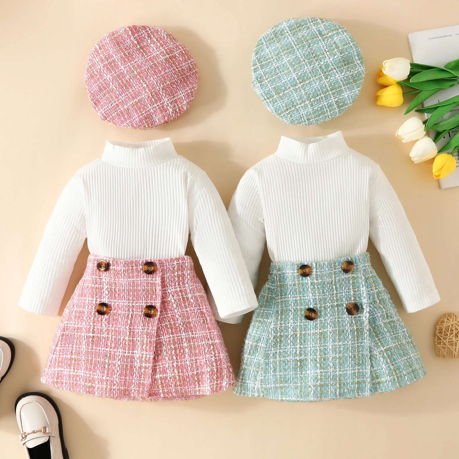 Kids Clothes Girl Long Sleeve Ribbed White Tops+Plaid A-Line Mini Skirt+Beret Hats Birthday Outfits Children's Clothing