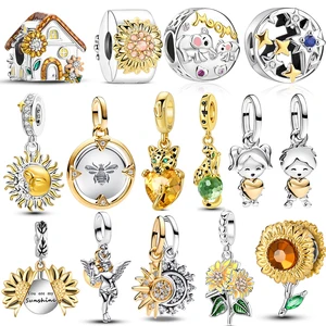 Baru 925 Sterling Silver Two Tone Golden Sunflower Bintang Keberuntungan Charm Fit Gelang & Kalung Perhiasan Pesona Berlian Bulan Matahari DIY 12 berlian kuning penjualan terbaik - №