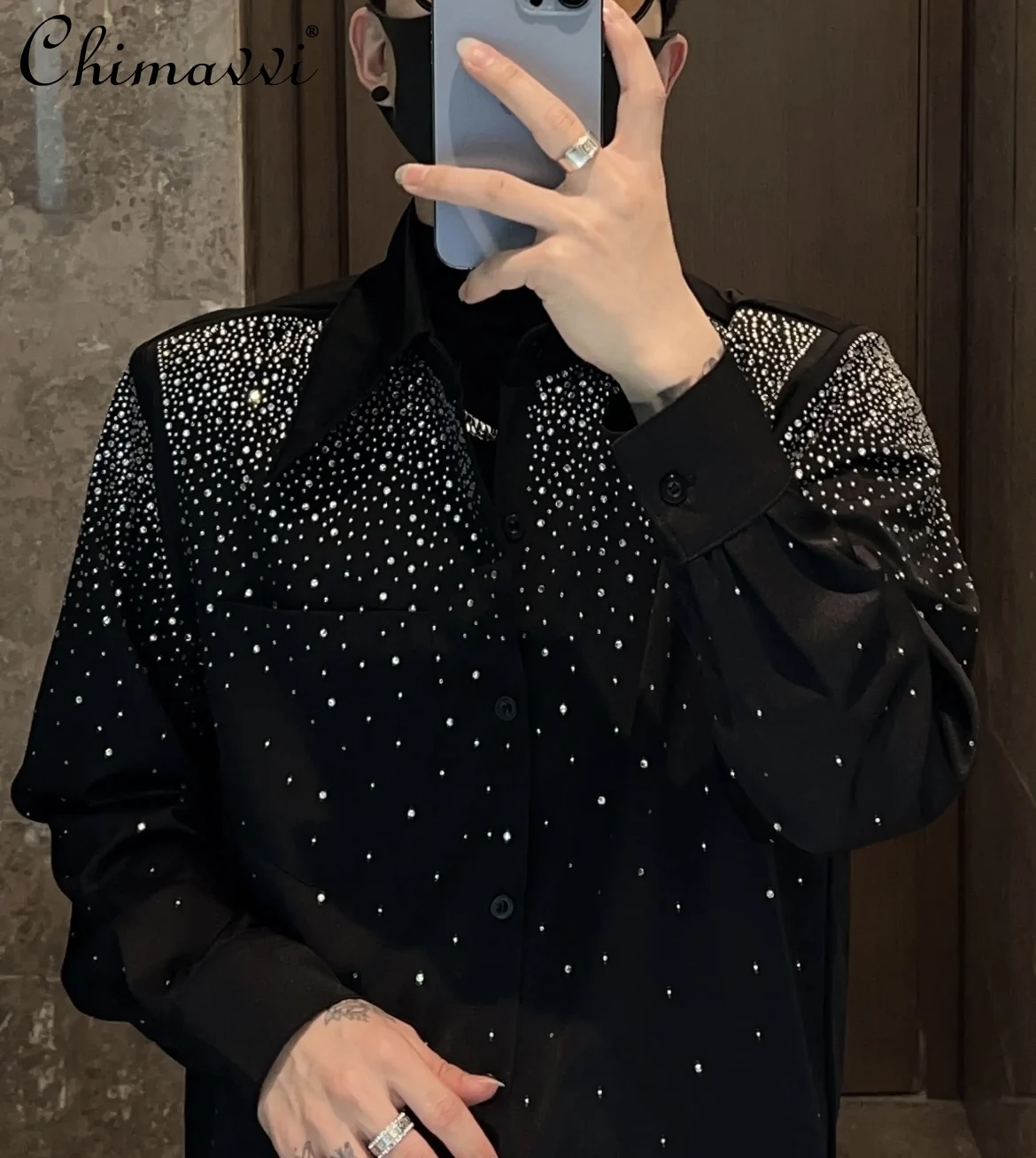 Camisa de strass manga comprida masculina, roupa casual de streetwear, camisas da moda, sem engomar, moda alta, nova moda, outono, 2023