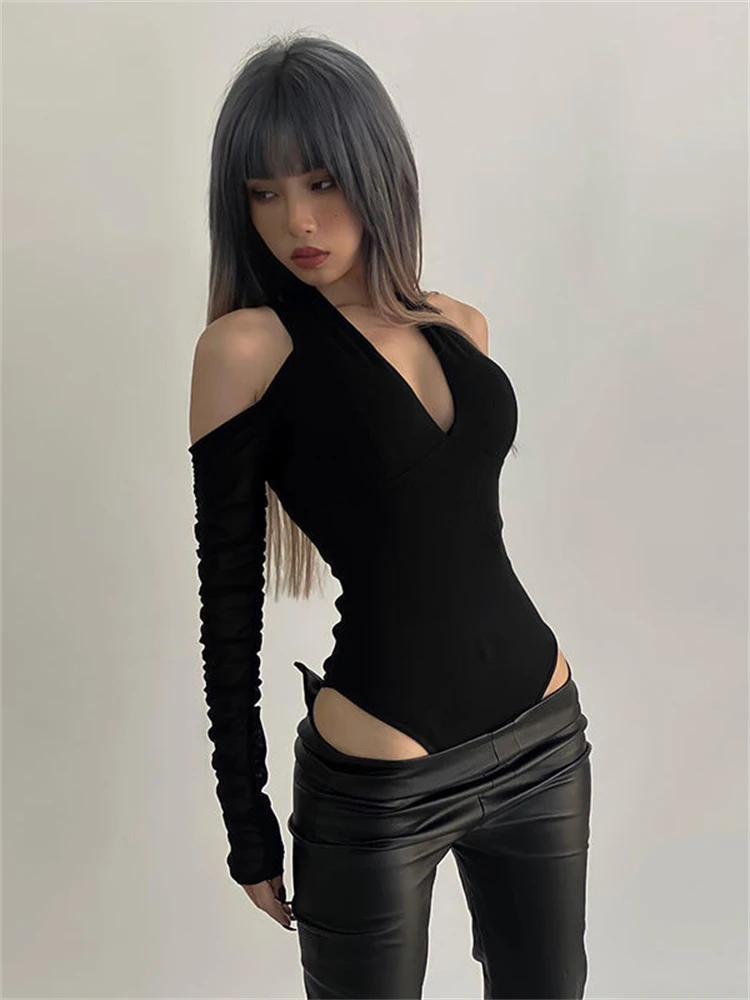 

Y2K Streetwear Sexy V-neck Halter Long Sleeve Bodysuits Women Vintage Grunge Off Shoulder Hollow-out Slim Bodycon Tops Jumpsuits