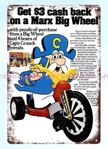 Letrero de estaño de metal para desayuno de cereales, marx-big Wheel Capn Crunch, pop shop home, 1974