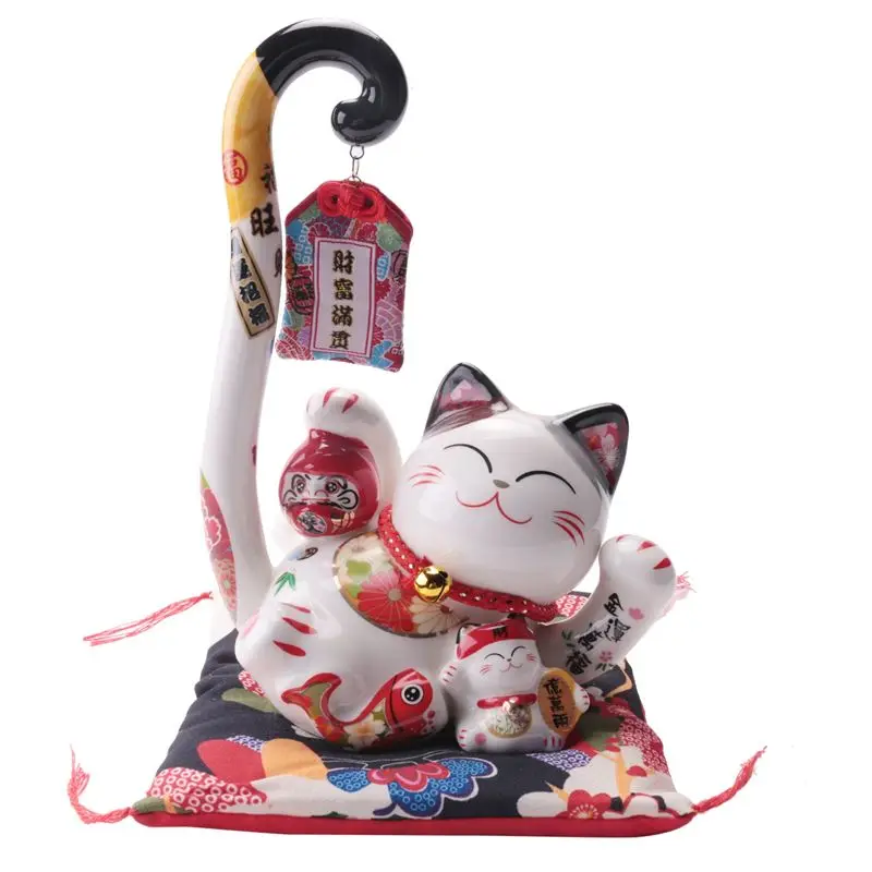A44I-8.6 Inch Maneki Neko Lucky Cat Money Box Coin Bank Japanese Long Tail Fortune Cat Feng Shui Home Decor