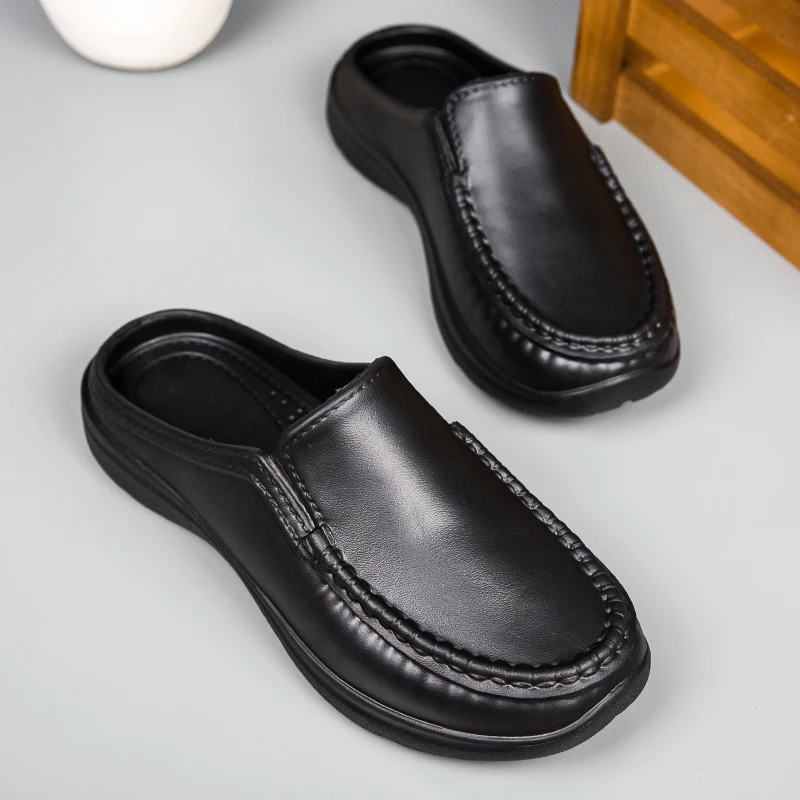 Men's Casual Leather Shoes Non Slip Chef Shoes Baotou Half Slippers Lazy Shoe Slip-on Driving Shoe Outdoor Slippers Plus Size 46 image 5