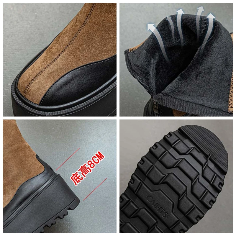 Fujin-Botas de plataforma de microfibra para mujer, zapatos británicos de tela elástica hasta la rodilla, de cuero, 8cm, para primavera y otoño