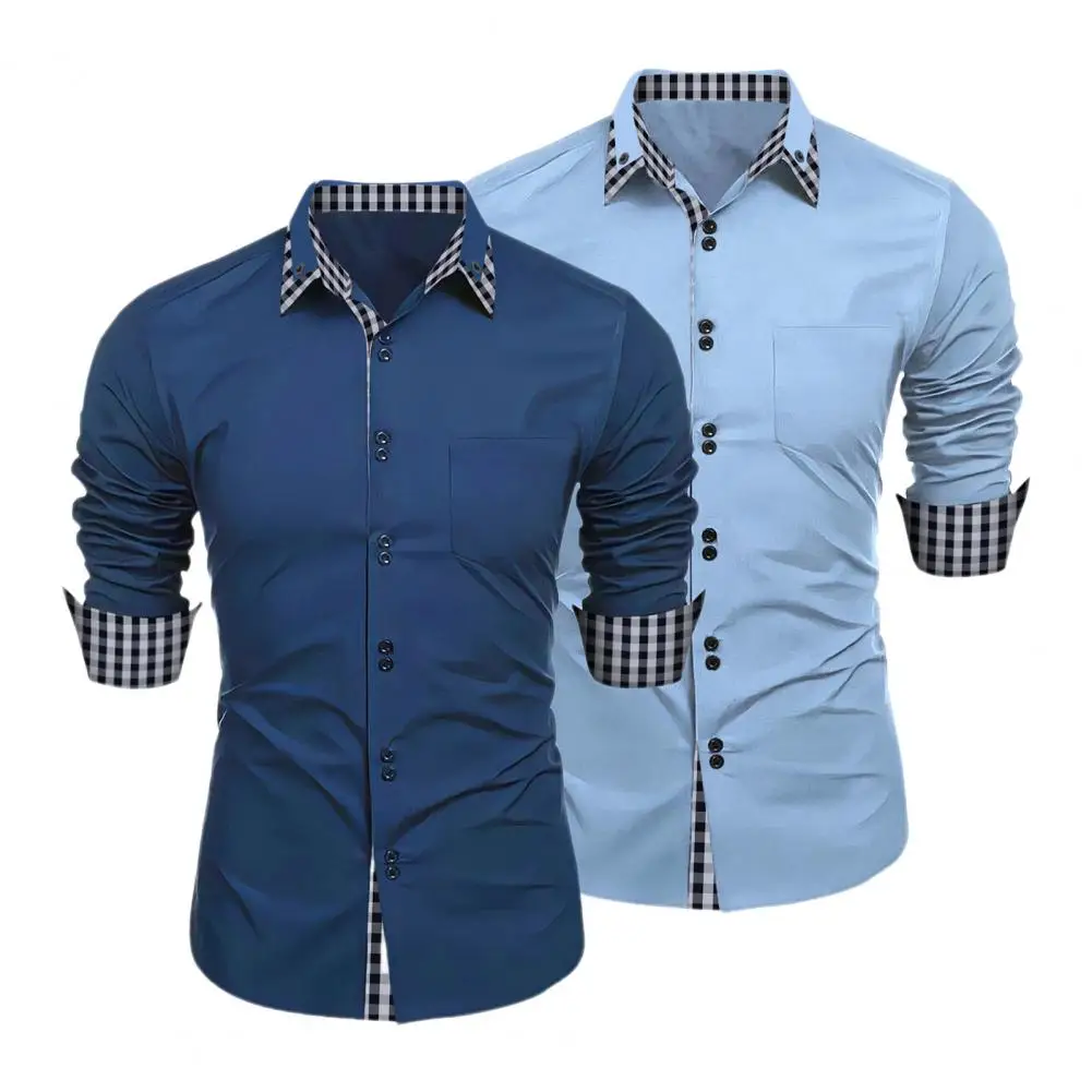 

Men Dress Shirt Colorblock Plaid Print Single-breasted Spring Shirt Top Slim Fit Long Sleeve Lapel Buttons Business Shirt Coat