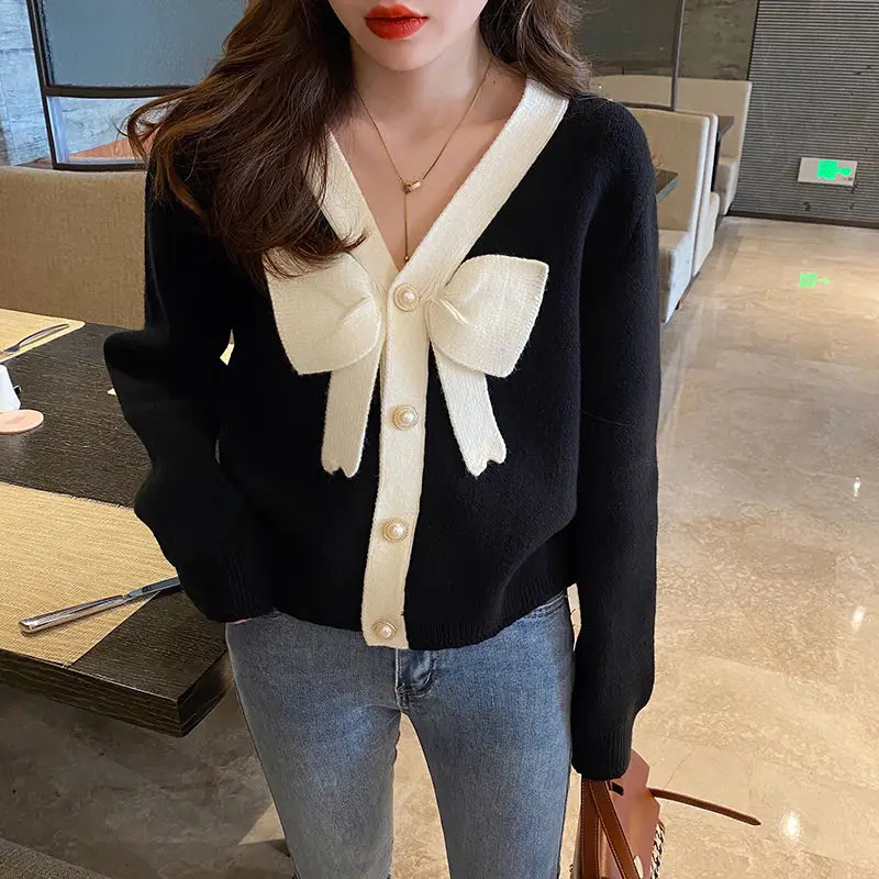 Fashion Sweet Female Bow Spliced V-Neck Knitted Cardigan Autumn Winter Fashion Single-breasted Short Sweaters Women\'s Clothing