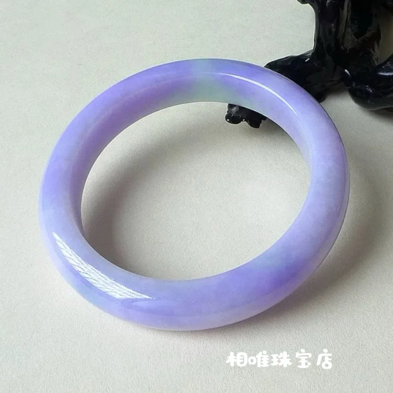 Ice Waxy Purple Spring Color Strip Imperial Consort Wide-Band Round Jade Bangle for Gifting