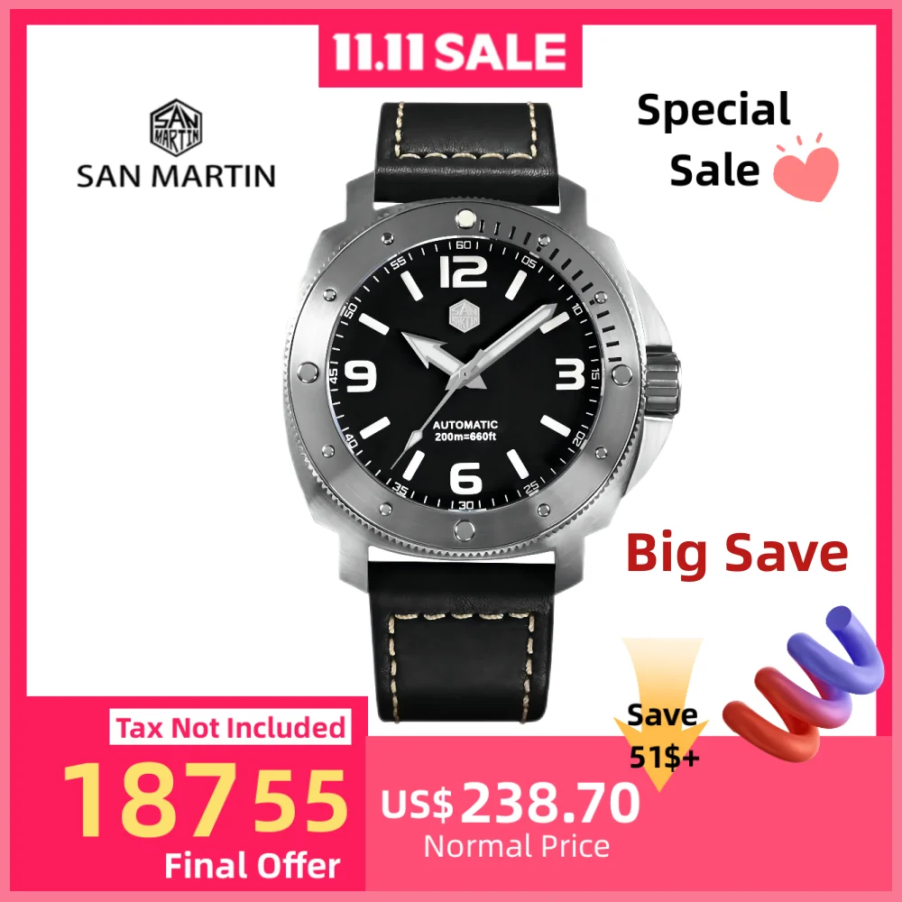 

San Martin 43mm 8215 8315 Dive Watches For Men Mechanical Automatic Waterproof 20Bar Retro BGW9 Luminous Sapphire SN0049 Guadare