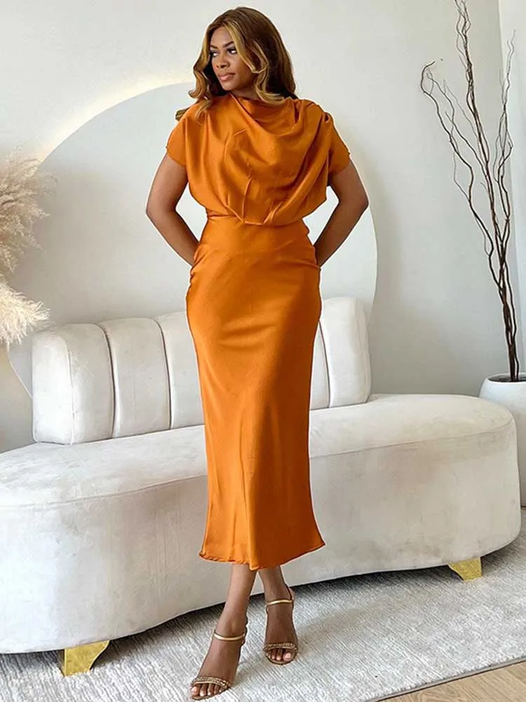 Robe pour femme élégante taille haute couleur unie été robe amincissante col écharpe manches courtes robe en Satin dames