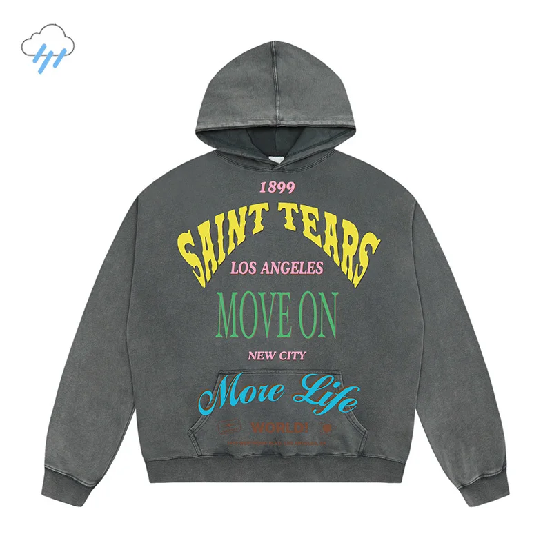 

Autumn Winter Heavy Fabric Cotton Saint Tears Hoodie Men Women Colorful Letter Logo Printi Vintage Washed Black Gray Pullovers