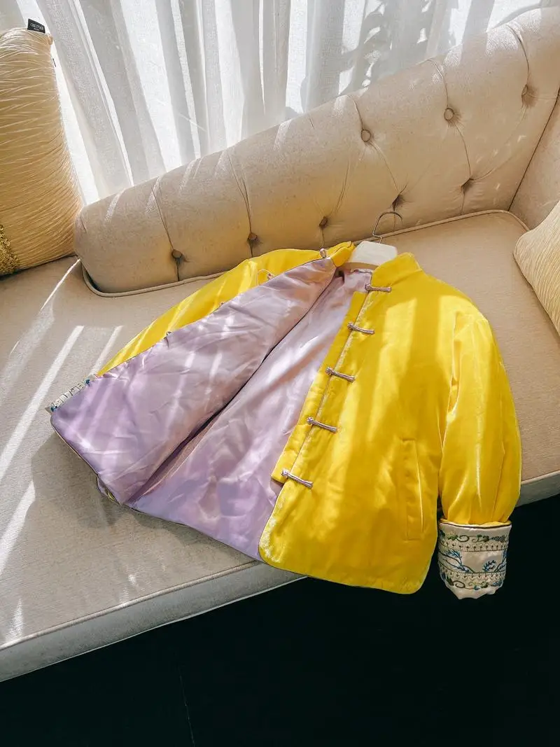 중국 설날 노란색 벨벳 자수 면 자켓 겨울 외투 여성 전통 의상