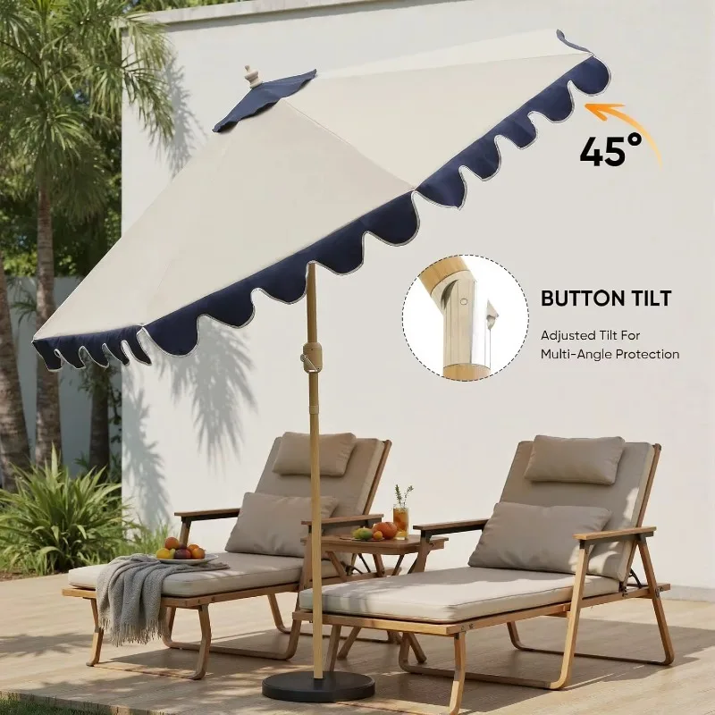 9FT Wavy Edge Patio Umbrella Push Button Tilt Crank Lift 8 Rib Metal Frame Ventilated UV Canopy Garden Backyard