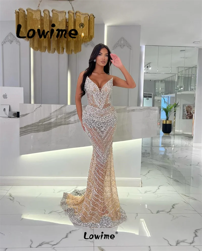 Lowime 2 In 1 Dark Champagne Arabic Evening Dresses 2024 Aso Ebi Crystals Luxury Mermaid Celebrity Dress Prom Gowns Party Dress