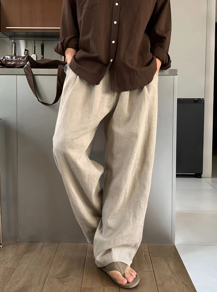 

Легкие льняные мужские повседневные брюки, лето 2026, новинка, корейский стиль, простые, свободные, в пол, с двойными складками, широкие штанины