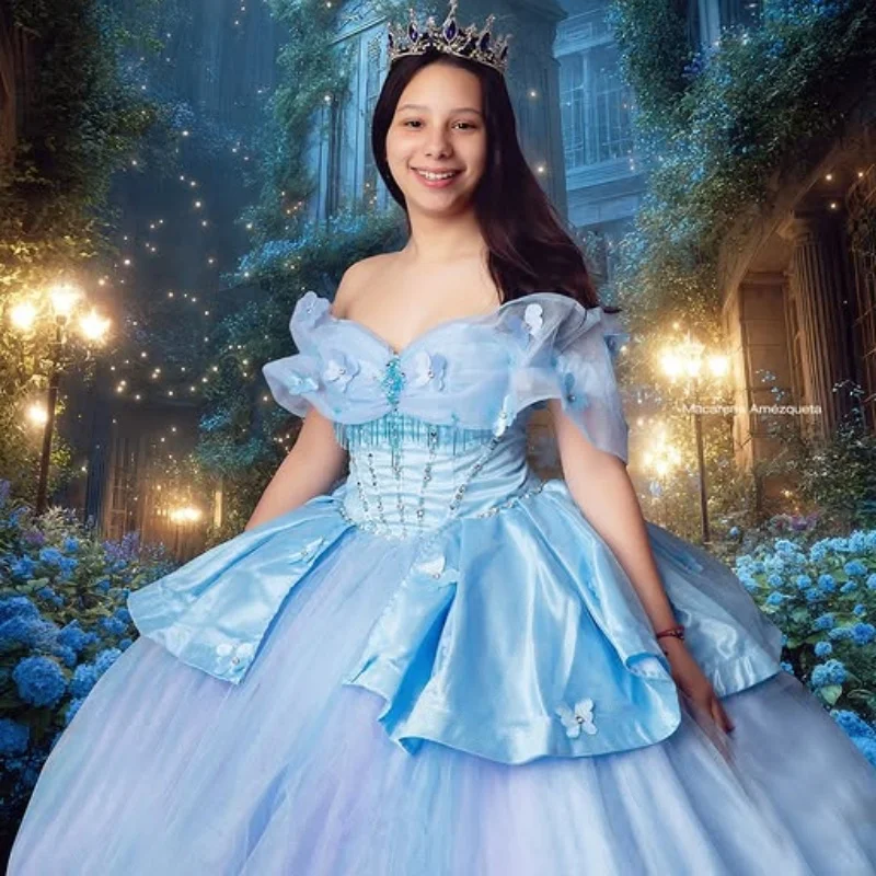 

Aqua Blue Quinceanera Dress off-shoulder crystal butterfly Decal Long tail Vestidos De 15 Quinceanera ﻿Customize