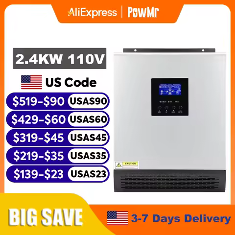 PowMr 2400W Hybrid Solar Inverter 24V 110V Pure Sine Wave Off Grid Inverter with PWM 50A Solar Charge Controller