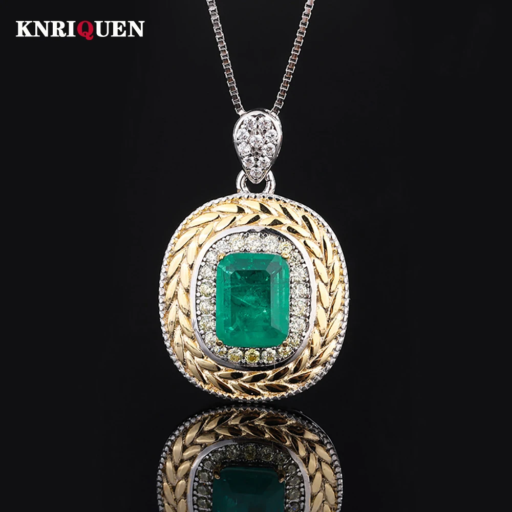 

Retro 100% 925 Real Silver 7*9mm Emerald Ruby Gemstone Pendant Necklace for Women Cocktail Party Fine Jewelry Gifts Accessories