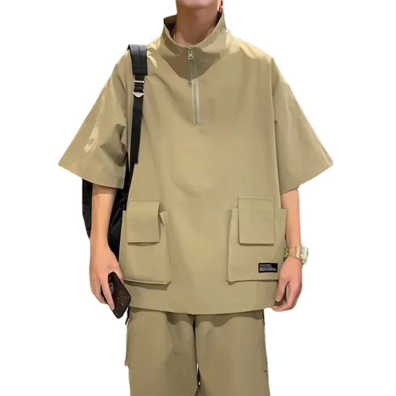 Cargo Pants Short Suit Male Summer Solid Color Loose Tshirts and Shorts 2 Piece Set Japanese Style Outdoor Casual Tracksuit Men