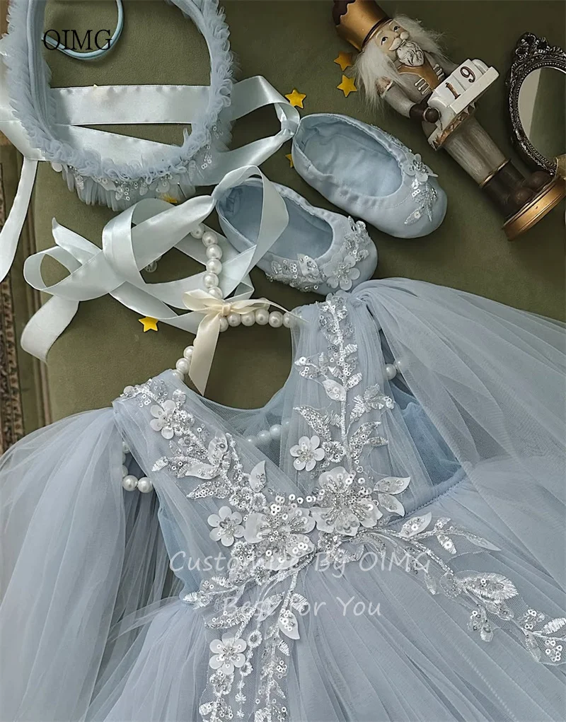 OIMG Sky Blue A-line Flower Girl Dresses 3D Flowers-detailed Mesh Wedding Party Gown Knee Length Birthday Dress niñas Customized
