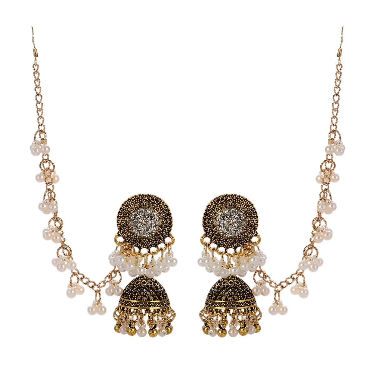 Ethnic Crystal Gold Color Earrings Women\'s Indian Jewelry Fashion Pearl Tassel Round Bell Drop Earrings Wedding Party Gift