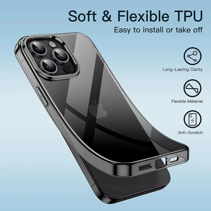 Luxury Transparent Black Silicone Soft Case For iPhone 16 15 14 13 12 11 Pro XS Max X XR Ultra Thin Clear Shell Back Cover 16Pro - náhled 4