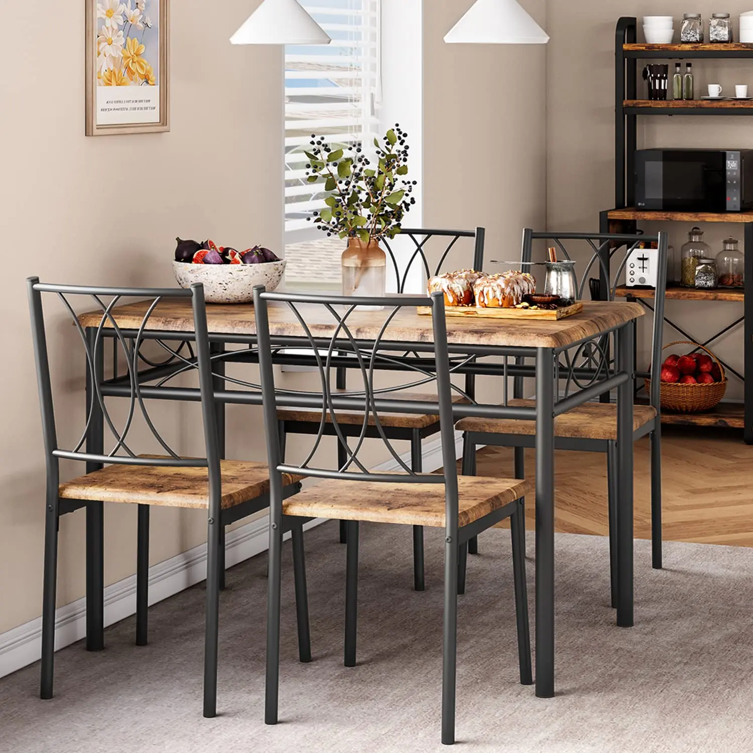 Amyove Kitchen Table and Chairs,Dining Room Table Set for 4with Chairs,Kitchen Table Set Metal and Wood Rectangular Dining Table