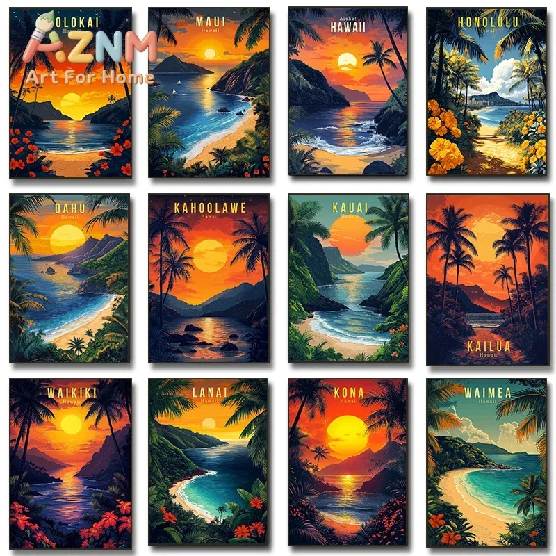 AZNM Hawaii Tropical Beach Canvas Wall Art Vintage Travel Poster Sunset Palm Tree Ocean Landscape Art Print Unframed Canvas Post